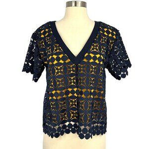 Max Mara Max & Co Size 6 Blouse Broderie Anglaise Navy Gold Short Sleeve V Neck